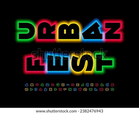 Vector neon advertisement Urban Fest. Set of rotated colorful Alphabet Letters and Numbers. Unique bright Font