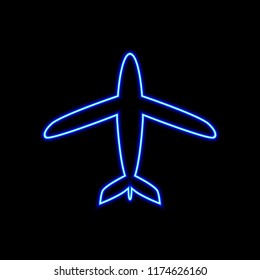 Vector Neon Airplane, Plane Icon, Travel Concept, Light Blue Line Shining on Black Background.