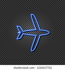 Vector Neon Airplane, Plane Icon, Travel Concept, Light Blue Line Shining on Dark Transparent Background, Isolated Image.