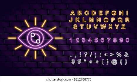 Vector neon all-seeing eye icon, neon letters for fortune telling & tarot reading mobile apps, highlights. Eye of Providence. Occult esoteric magic mystic wichcraft spiritual signs symbols. Alphabet.