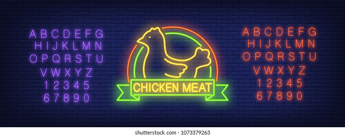 Vector of neon alphabet and chicken with Chicken Meat lettering on blue brick background. Restaurant, food store, roadside cafe. Advertisement concept. For signboards, template design, banners