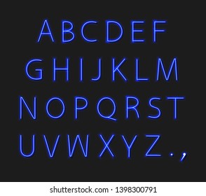 Vector Neon Alphabet Isolated on Dark Background, Bright Blue Light, Uppercase Font, Glowing Blue Color Letters.