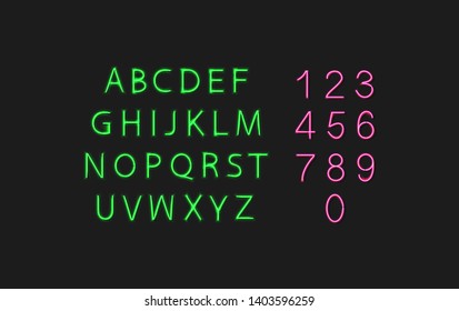 Vector Neon Alphabet and Numbers, Bright Green Color, Colorful Glowing Font Isolated on Dark Background.