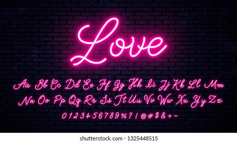 Vector neon alphabet on wall background