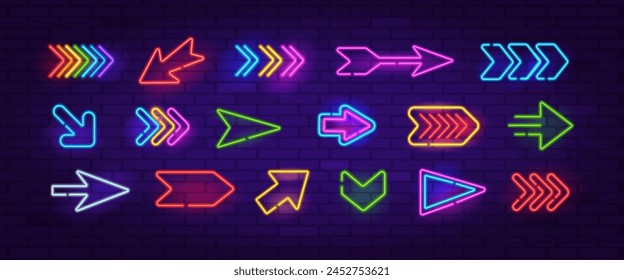 Vector Neon Arrow Sign set 7 on brick wall background. Retro neon icons set of arrow symbol, pointer icons, cursor. Colorful glowing light arrow banner, emblem for club or bar