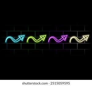 Vector Neon Arrow Sign set 7 on brick wall background. Retro neon icons set of arrow symbol, pointer icons, cursor. Colorful glowing light arrow banner, emblem for club or bar