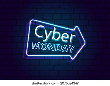 Vector of neon arrows of Cyber Monday sale. Neon Sign Design Template