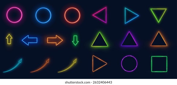 Vector neon arrows and geometric shapes glowing in vibrant colors on dark background. Ideal for UI, signage, infographic elements, and modern tech design.

