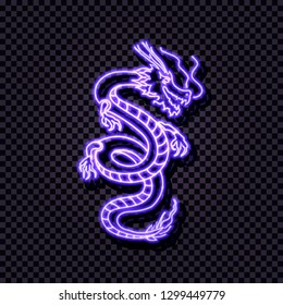 Vector Neon Asian Dragon, Blue Lights, Luminous Icon with Shadow Isolated on Dark Tranpsarent Background.