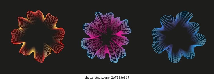 Ecualizador de audio de neón de Vector con patrón radial. Onda de sonido circular para música, reconocimiento de voz y efectos visuales de radio.