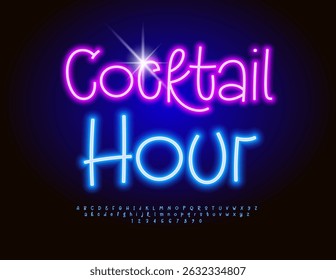 Vector Neon badge Cocktail Hour. Led Light Blue Font. Funny Glowing Alphabet Letters and Numbers set