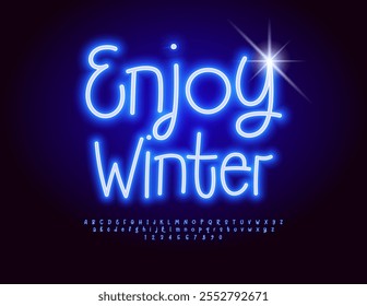 Vector Neon badge Enjoy Winter. Playful Glowing Font. Funny set of Blue Alphabet Letters and Numbers