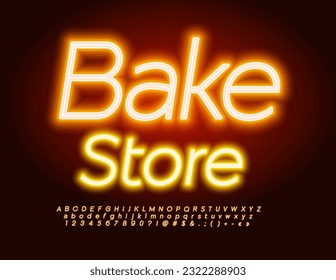 Vector neon Banner Bake Store. Modern Glowing Font. Electric Alphabet Letters, Numbers and Symbols set