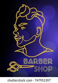 Vector neon banner with  bearded guy, light sign, symbol of barber shop . Vibrant glowing colors, trendy background. Used as banner for website, logotype, icon.