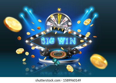 Vector neon banner is a big win surrounded by casino attributes: roulette, playing cards, slot machine, wheel of fortune, against the background of spotlights and an explosion of gold coins. 