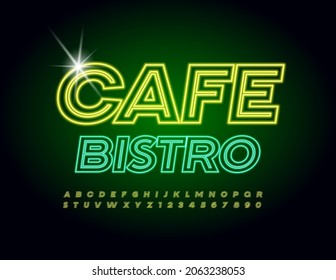 Vector Neon Banner Cafe Bistro. Modern Bright Font. Glowing Alphabet Letters and Numbers set