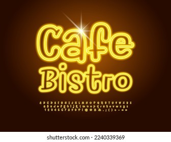 Vector neon banner Cafe Bistro. Modern Playful Font. Funny glowing Alphabet Letters and Numbers