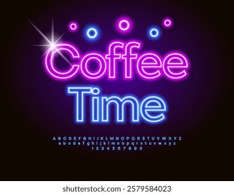 Vector Neon banner Coffee Time. Glowing Blue Font. Electric Alphabet Letters and Numbers set.