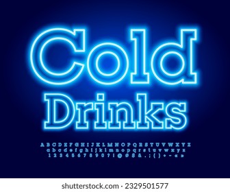 Bebidas frías de neón vectorial. Fuente azul brillante. Conjunto de letras y números de alfabeto moderno