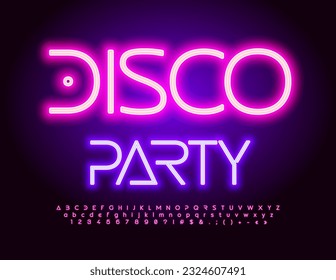 Vector Neon Banner Disco Party. Glowing Pink Font. Electric Alphabet Letters, Numbers and Symbols set