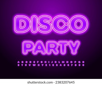 Vector neon banner Disco Party. Glowing Font for Entertainment. Violet Electric Alphabet Letters and Numbers