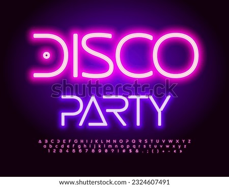 Vector Neon Banner Disco Party. Glowing Pink Font. Electric Alphabet Letters, Numbers and Symbols set