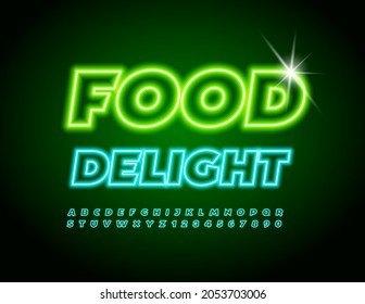 Vector neon banner Food Delight. Glowing bright Font. Electric Alphabet Letters and Numbers set