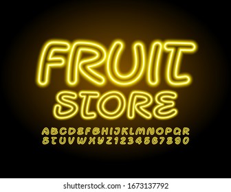 Cartel de neón vectorial Tienda de frutas. Fuente eléctrica amarilla. Letras y números de alfabeto creativos brillantes