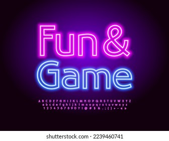 Vector neon banner Fun and Game. Violet glowing Font. Electric Led Alphabet Letters, Numbers and Symbols set