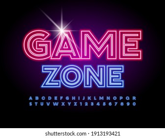 Vector neon banner Game Zone. Electric creative Font. Glowing set of Alphabet Letters and Numbers