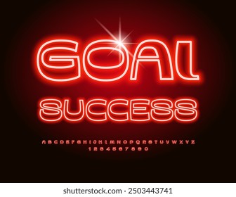 Vector neon banner Goal Success with Glowing Red Font. Electric set of Alphabet Letters and Numbers