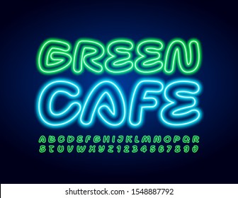 Vector neon banner Green Cafe with electric Font. Bright Uppercase Alphabet Letters and Numbers