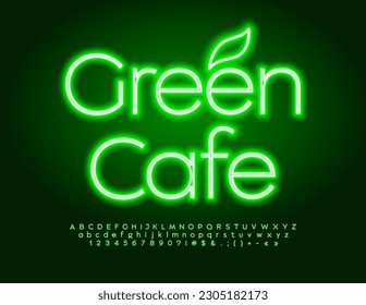 Pancarta del Vector Neon Green Cafe. Fuente eléctrica brillante. Letras y números modernos de alfabeto brillante