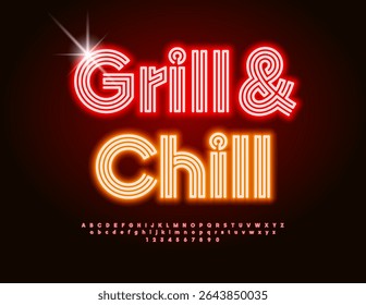Vector Neon banner Grill and Chill for Cafe. Led Light Alphabet Letters and Numbers set. Unique Glowing Red Font.