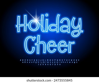 Vector Neón Anuncio Festiva Cheer. Fuente azul divertida. Conjunto de Letras y Números de Alfabeto Brillante.