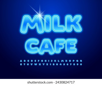 Vector de neón Banner Milk Café. Fuente brillante fría. Conjunto de letras y números de alfabeto eléctrico brillante. 