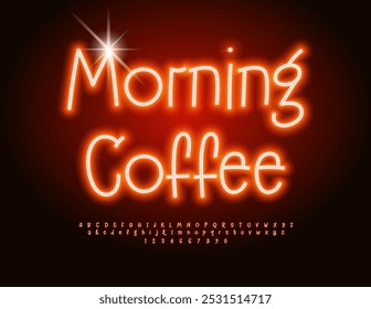 Vector neon banner Morning Coffee. Funny Glowing Font. Bright Electric Alphabet Letters and Numbers set.