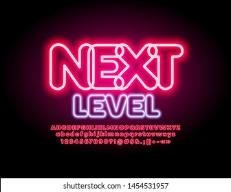 Vector neon banner Next Level with illuminated Alphabet Letters, Numbers and Symbols. Glowing bright Font