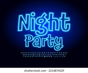 Vektor Neon Banner Night Party. Blauer lustiger Schriftzug. Einzigartige Alphabet-Buchstaben, Zahlen und Symbole