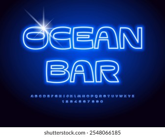 Vector Neon Banner Ocean Bar. Bright Digital Font. Electric set of Alphabet Letters and Numbers