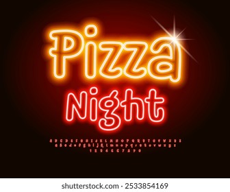 Vetor neon banner Noite de Pizza. Fonte Brilhante Engraçada. Letras e números de alfabeto vermelho elétrico definidos.