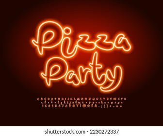 Vector neon banner Pizza Party. Bright handwritten Font. Glowing Alphabet Letters and Numbers set