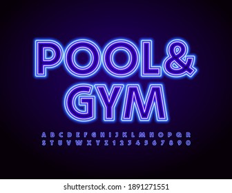 Banner de neón vectorial Pool y Gym. Fuente azul brillante. Letras y números de alfabeto eléctrico
