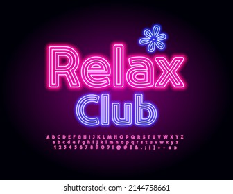 Vector neon banner Relax Club with bright electric Font. Light tube Alphabet Letters, Numbers and Symbols set