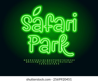 Vector Neon banner Safari Park with decorative Leaf. Green Electric Font. Glowing set of Alphabet Letters and Numbers