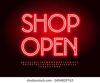 Vector Neon Banner Shop Open. Glowing Red Font. Bright Electric Alphabet. Illuminated Letters and Numbers set.