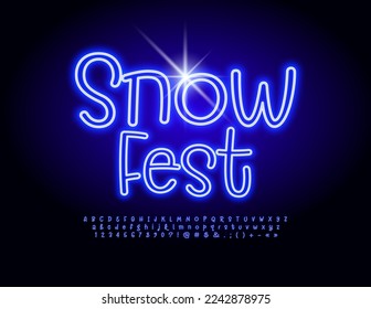Vector neon banner Snow Fest. Playful handwritten Font. Blue glowing Alphabet Letters and Numbers set.