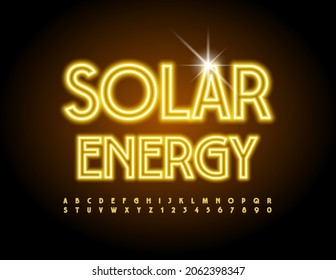 Vector Neon Banner Solar Energy. Bright Glowing Font. Illuminated Led Alphabet Letters And Numbers Set