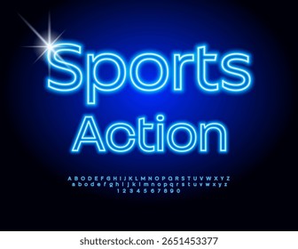 Vetor Neon banner Ação Esportiva. Fonte azul brilhante. Letras e números de alfabeto de luz de LED definidos.