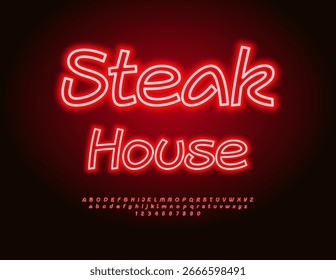 Vector Neon banner Steak House. Glowing Red Font. Led Light set of Alphabet Letters and Number.